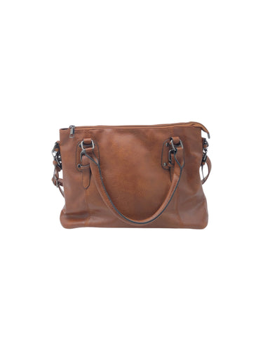 Bolso estilo Satchel en Vinipiel color Café. De asas y correa ajustable. Artículo de doble uso.