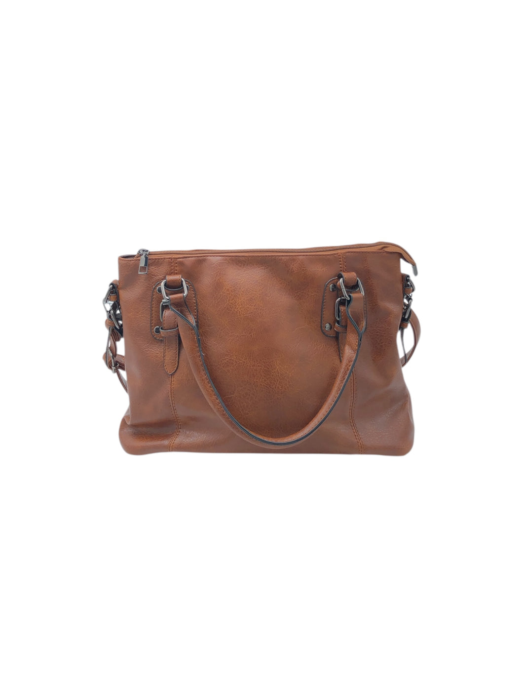 Bolso estilo Satchel en Vinipiel color Café. De asas y correa ajustable. Artículo de doble uso.