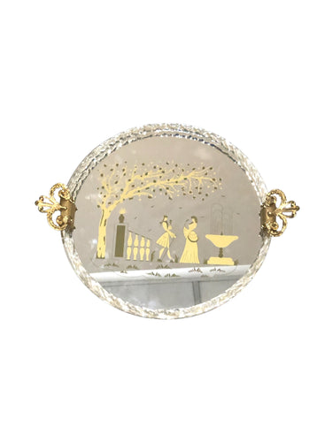 Bandeja para servir italiana de cristal soplado de oro de Murano Barovier con espejo grabado, década de 1940