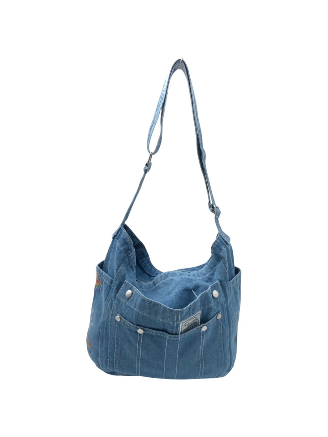 Bolso estilo Hobo en Mezclilla color Azul cielo. De asa. Artículo de doble uso.