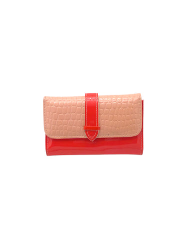 Cartera Casual en Material Sintético, color Naranja y beige. Con varios compartimentos. Artículo de doble uso.