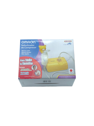 Nebulizador De compresor marca OMRON en color Amarillo. Modelo (NE-C801KD) para administrar medicamentos líquidos en aerosol. Artículo de doble uso.