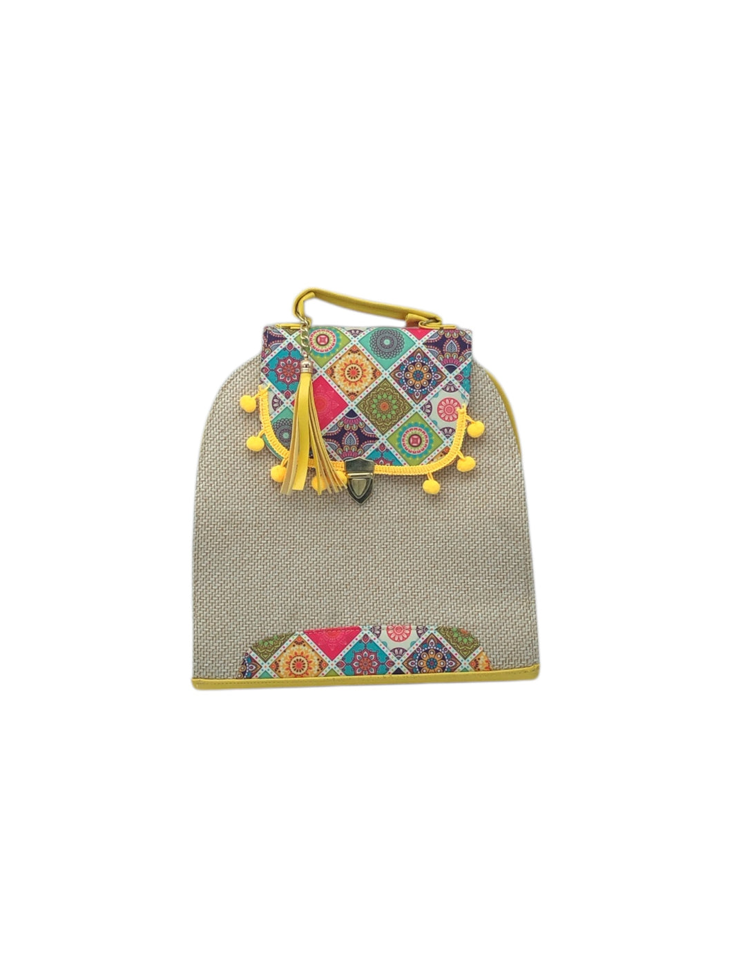 Mochila Casual en Cuña, Tricolor. De diseño artesanal y correas ajustables. Artículo de doble uso.