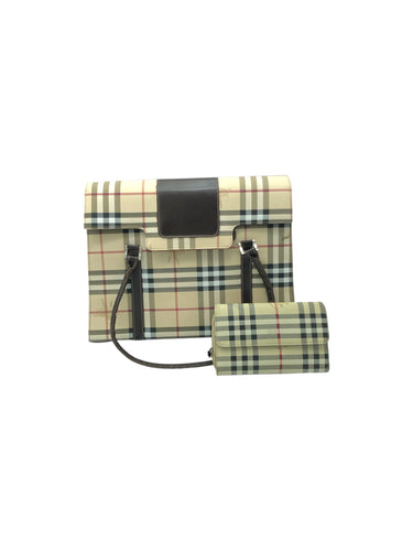 Bolso estilo Satchel en Vinipiel color Beige con café. De asas (Incluye cartera). Artículo de doble uso.