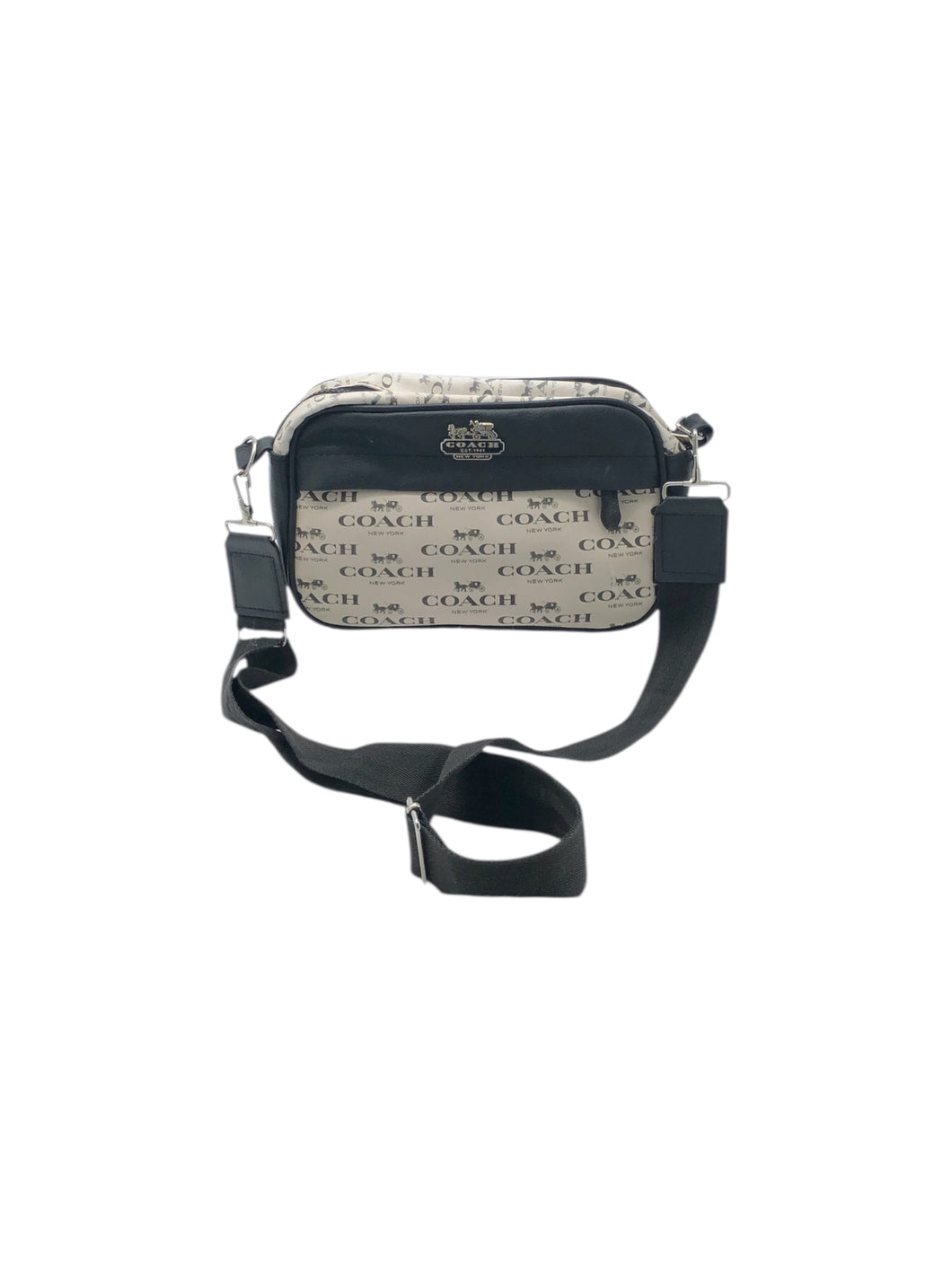 Bolso estilo Crossbody en Vinipiel color Negro con beige. De correa ajustable. Artículo de doble uso.