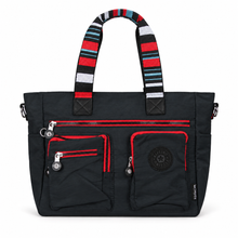 Cargar imagen en el visor de la galería, Bolsa Tote KIPLING color Negro, Asas a Rayas Multicolor y Bolsillos Frontales con Cremallera | Segunda mano