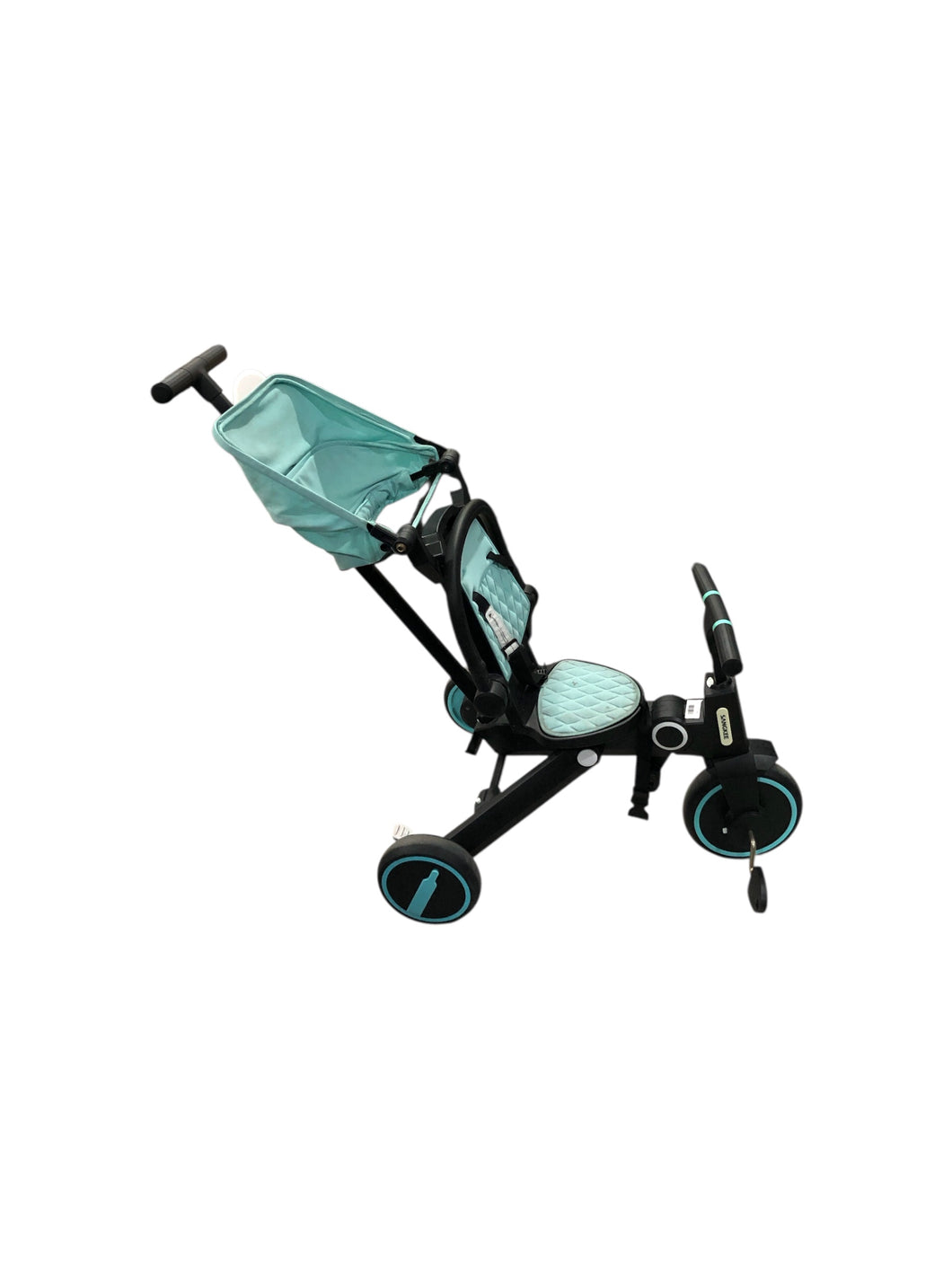 Triciclo De bebe ajustable en color Negro con verde. Artículo de doble uso.