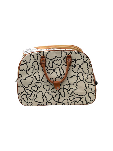 Maleta De viaje en Vinipiel, color Beige y blanco. Con ruedas y asa para transportar. Artículo de doble uso.