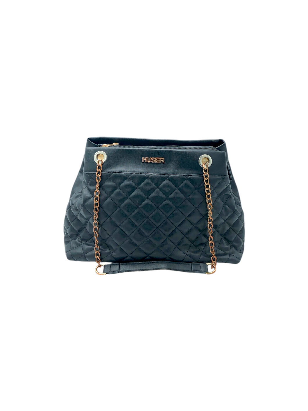 Bolso estilo Satchel marca Huser en Vinipiel color Negro. De correa metálica. Artículo de doble uso.
