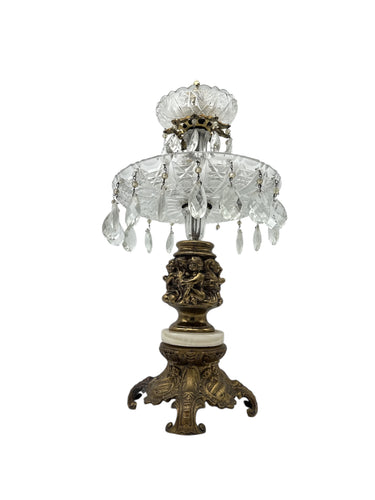 Frutero estilo vintage de cristal con base de latón y mármol. Medidas aproximadas: 62 cm de altura. Artículo de doble uso.