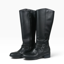Cargar imagen en el visor de la galería, Botas Largas Andrea color Negro, Talla 23.5, Tacón Bajo, Cierre Lateral y Doble Hebilla | Segunda mano