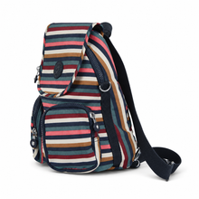 Load image into Gallery viewer, Mochila Kipling a Rayas Multicolor, con Bolsillos Frontales y Llavero de Monito | Segunda mano