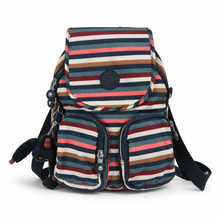 Load image into Gallery viewer, Mochila Kipling a Rayas Multicolor, con Bolsillos Frontales y Llavero de Monito | Segunda mano