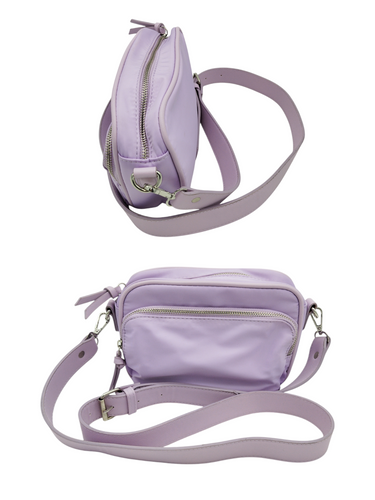 Bolso crossbody color lila 2 compartimentos externos 1 interno cierres de metal 100% poliéster medidas 22x15x6 ¡Nuevo!