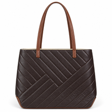 Load image into Gallery viewer, Bolsa Tote Cami color Café Chocolate, Costuras Diagonales y Asas Largas en Tono Caramelo | Segunda mano