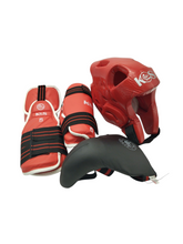 Load image into Gallery viewer, Paquete de dos equipos de Taekwondo infantiles ambos doble vista rojo/azul incluyen peto espinilleras casco y protector de entrepierna tallas grande y mediana artículo de doble uso en buen estado