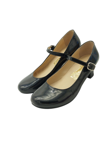 Zapatos estilo casual color negro de charol con correa ajustable suela de goma y tacón pequeño marca CARAMEL para niña talla 23 artículo de doble uso en buen estado