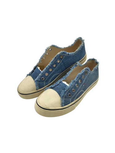 Tenis estilo casuales color azul de tela con suela plana de goma marca TOMMY JEANS para dama talla 25 artículo de doble uso en buen estado no tienen lengüeta y cordones